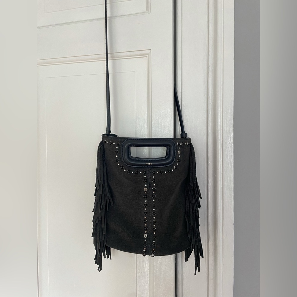 Maje Navy Blue Fringe Medium Crossbody Bag
